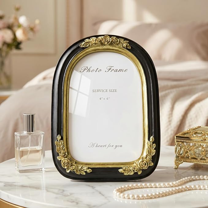 Cuspin Vintage 4x6 Picture Frame Black and Gold, Ornate Arched Resin Photo Frame - Image 7