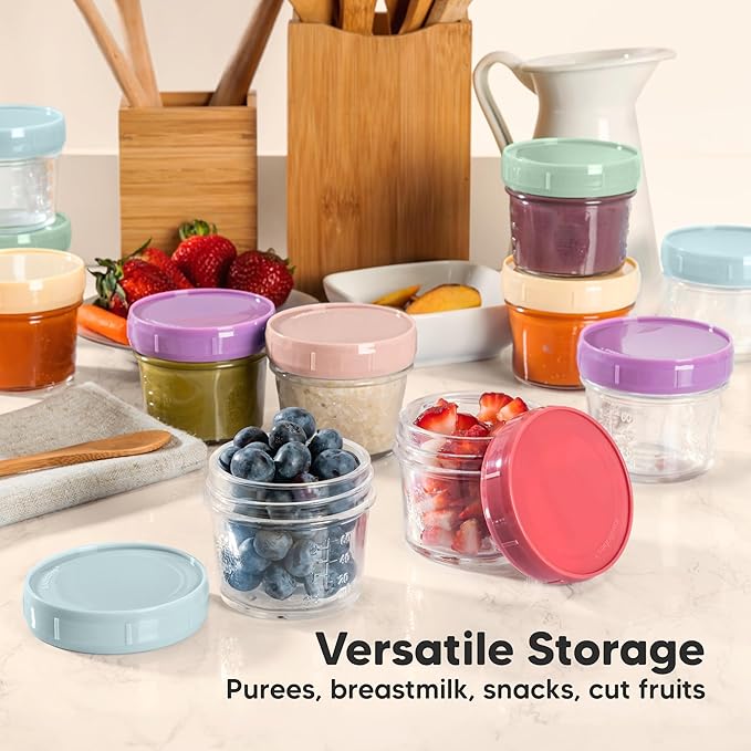 KeaBabies 4pk 8oz Glass Baby Food Containers with Lids - Leak-Proof, Microwavable Small Glass Jars, Baby Purees & Toddler Snack Storage Containers, BPA-Free, Dishwasher & Freezer Safe (Musk Dusk)