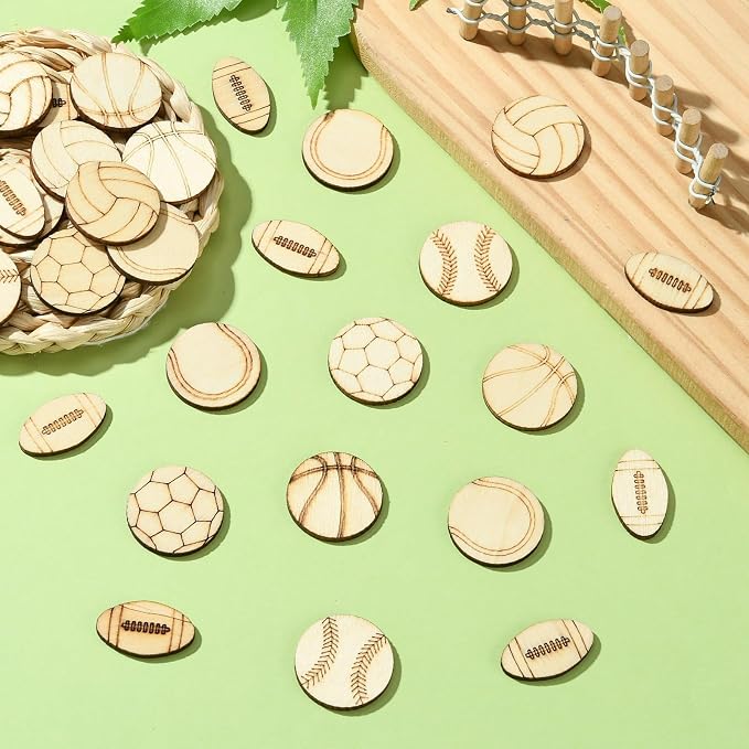 200 pcs Mixed Styles Sport Theme Undyed Wood Cutout Charms Basketball Football - Image 6