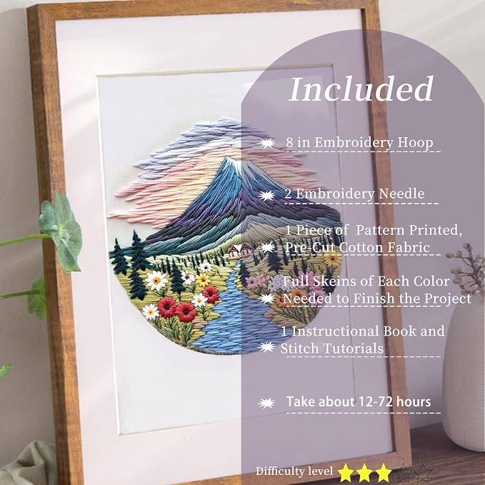 FONNUY Embroidery Kit for Beginners, Flower Hill Nature Landscape Pre-Stamped - Image 2