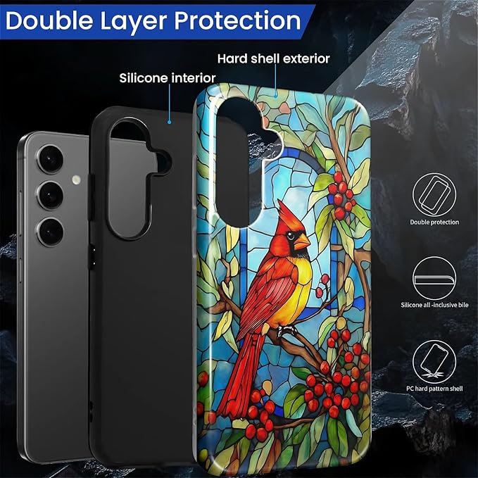 for Samsung Galaxy S23 FE Case, Stained Glass Cardinal Bird Pattern Glossy 2 in - Image 3