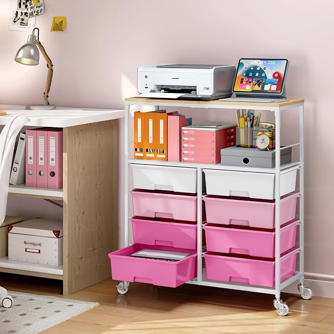 Rolling Cart with 8 Drawers, Storage Drawer Cart with Wooden Tabletop, Lockable - Image 8