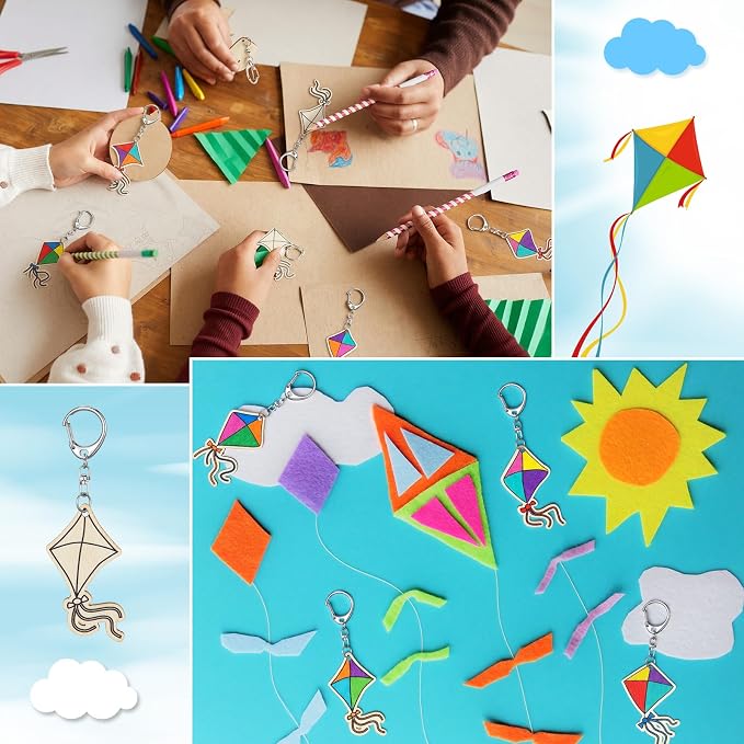 RattanView 24 Pcs Kites Crafts Color Your Own Keychains DIY Craft Wooden Blank - Image 6
