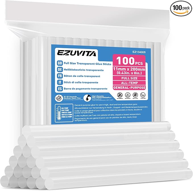 EZUVITA 100-Pack Full Size Hot Glue Sticks, 0.43” Dia x 8” Long | Clear by EZUVITA
