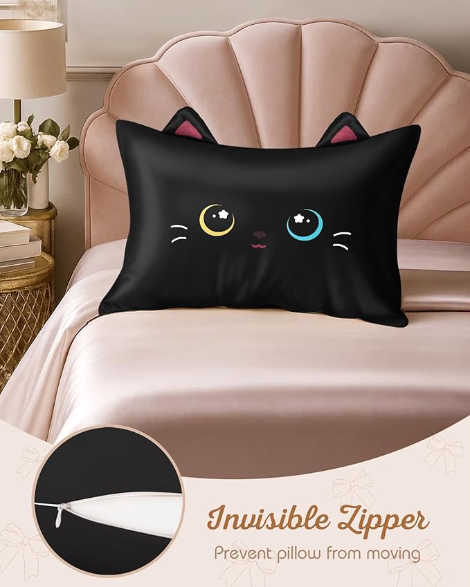 Kids Pillowcases Standard Size 20"x26" - Cute Cartoon Soft Breathable Silk Pillow Cases for Hair and Skin with Hidden Zipper for Women Fun Kawaii Design for Bedding, Black Cat