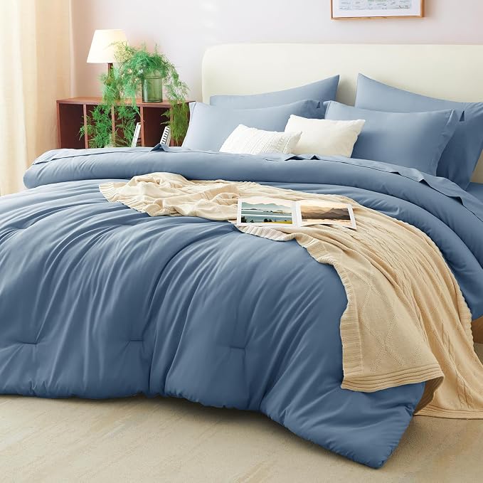 CozyLux Queen Comforter Set Grayish Blue, 7 Pieces Bed in a Bag Queen Comforter by CozyLux