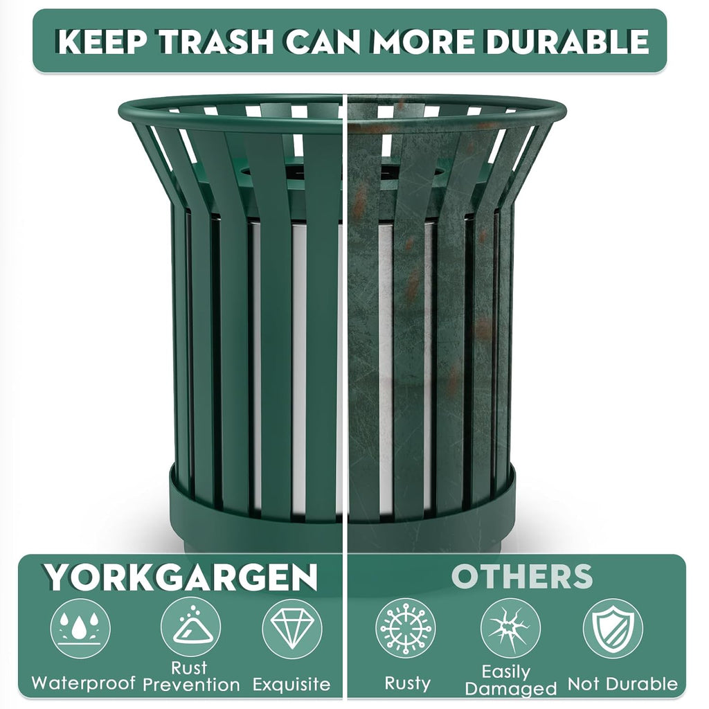 8Gallon/30L Commercial Outdoor & Indoor Metal Trash Can, Outdoor Slatted Trash Receptacle with Metal Linner, All Weather Resistant Large Outside Zone Round Garbage Bin for Street, Park, School - Green