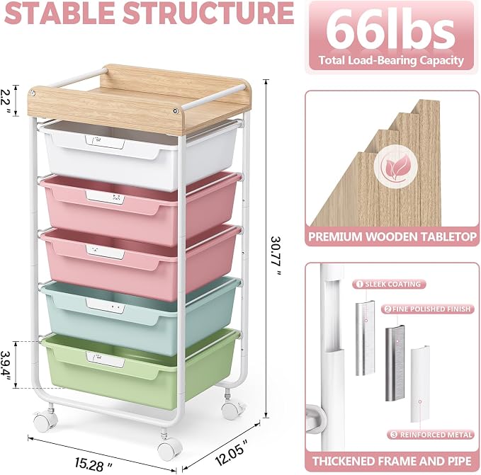 Utility Cart with Drawers, Craft Cart with 5 Drawers, Art Supply Organizer - Image 3