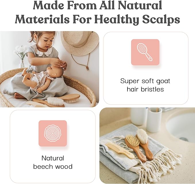 Ullabelle 4 Piece Wooden Baby Hair Brush and Comb Set for Newborns & Toddlers in Chic Gift Box - Ultra Soft Natural Goat Hair and Wood Baby Brush Set Prevents Cradle Cap - Perfect Registry Gift (Pink)