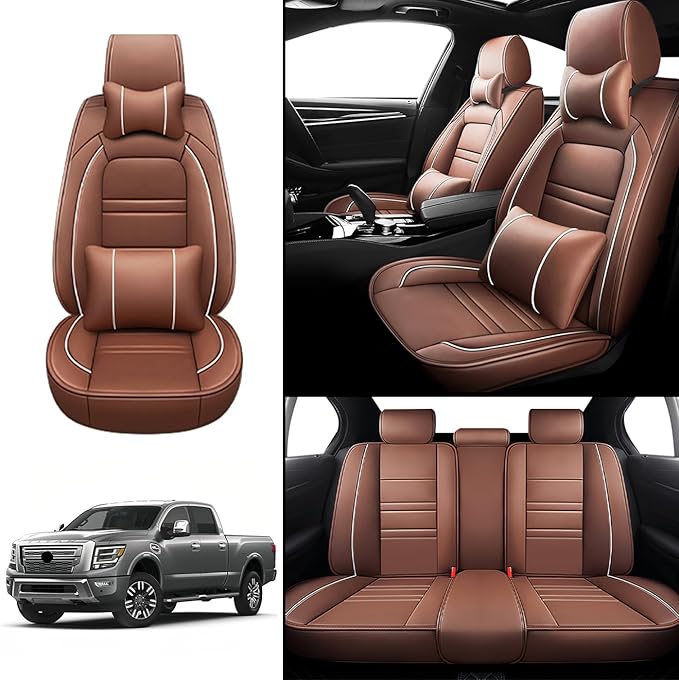 Car Seat Covers for Nissan Car Titan 2004-2024 | 5-Seats Seat Covers, Waterproof Seat Protectors, Automotive Seat Covers (Full Set with Pillow,Coffee)