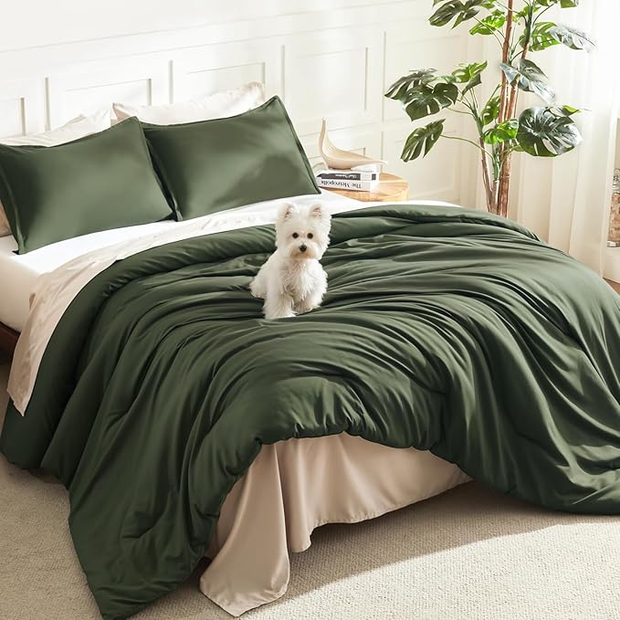 Litanika Dark Olive Green Comforter Set King, 3 Pieces Solid Bedding Comforter by Litanika