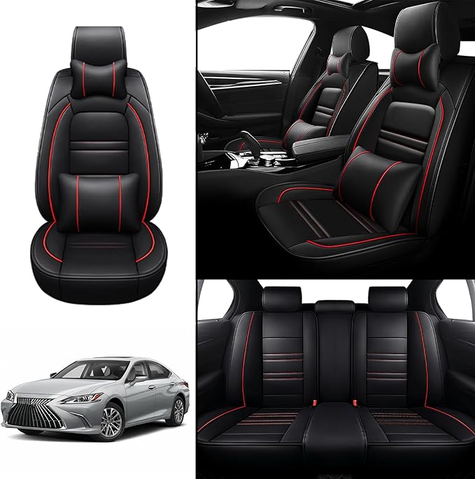 Car Seat Covers for Lexus Car es350 2007-2024 | 5-Seats Seat Covers, Waterproof Seat Protectors, Automotive Seat Covers (Full Set with Pillow,Black&Red Line)