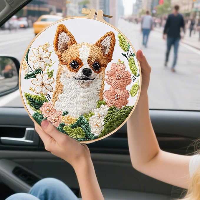 FONNUY Chihuahua Dog Floral Embroidery Kit, Cross Stitch Kits - Image 3