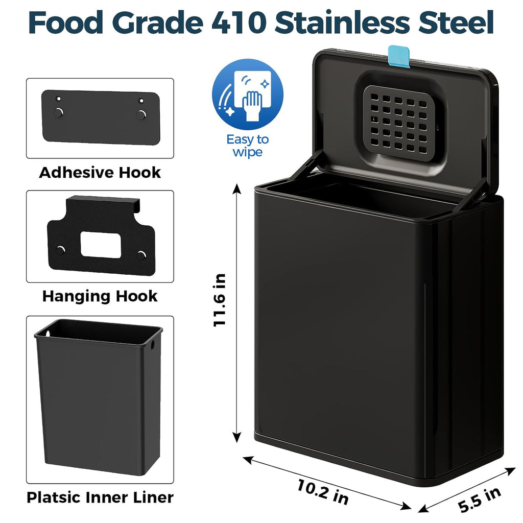 Stainless Steel Hanging Trash Can with Lid and Inner Bucket, 2 Gallon Kitchen Compost Bin for Counter Top, Under Sink or Wall Mount, Small Garbage Can for Cupboard/Bathroom/Bedroom/RV, Black