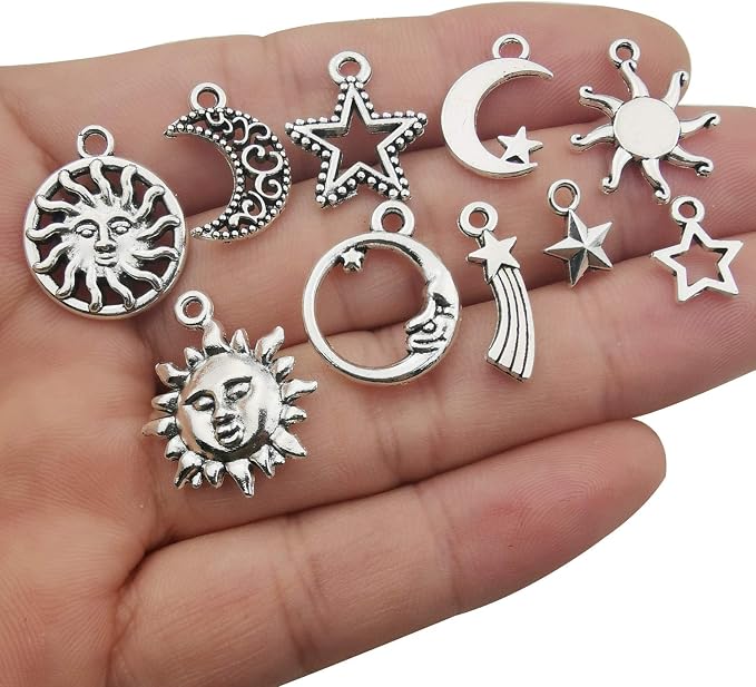 100g Craft Supplies Mixed Antique Silver Sun Moon Stars Charms Pendants - Image 2