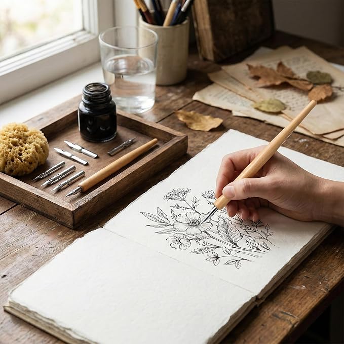 2 Pack Dip Pen Set, Oblique Calligraphy Pen Nib Set, Wooden Calligraphy Drawing - Image 4