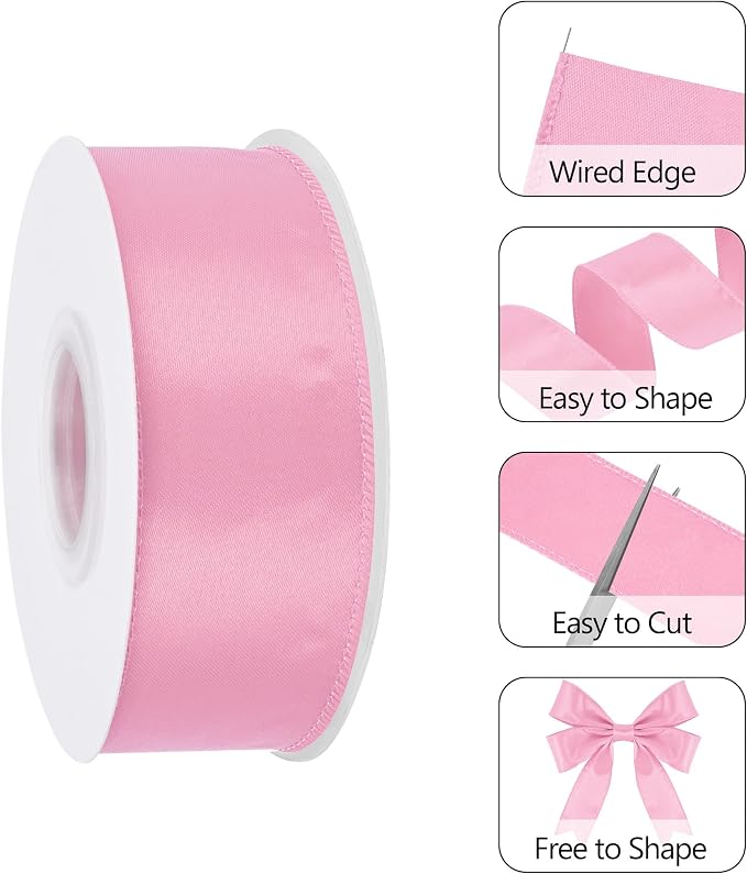 Pink 1.5 Inch Continuous 25 Yards Satin Wired Ribbon - Image 3