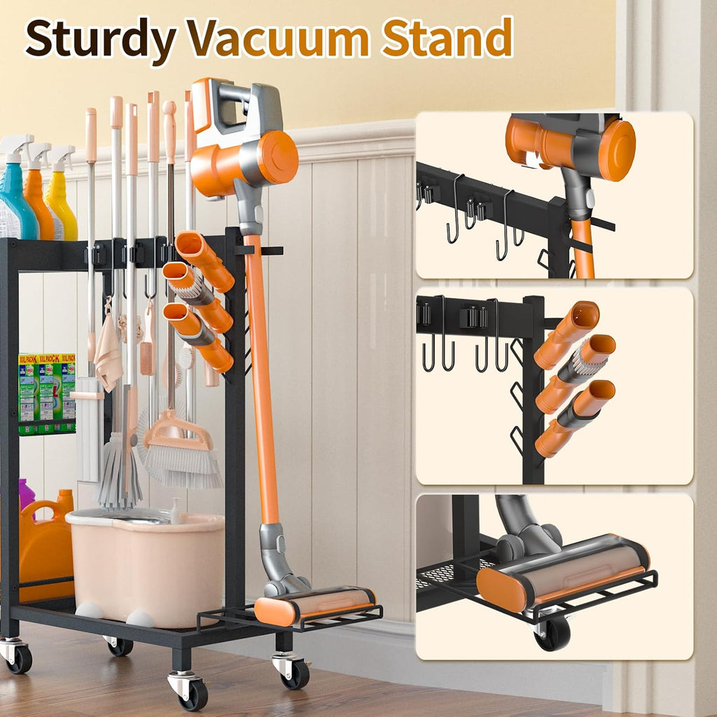Cleaning Supplies Organizer with Broom Holder Load 350 LBS Cleaning Cart with Wheels Broom Closet Storage with 3-Tier Shelves, 6 Mop Hanger Grippers, 3 Double-Hooks, Vacuum Stand for Laundry Garage