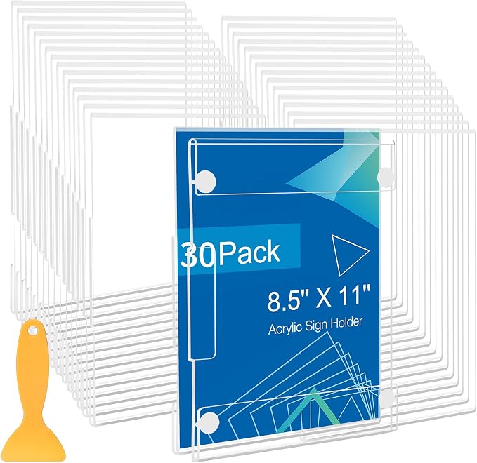 30 Pack Acrylic Sign Holder 8.5 x 11 Wall Mount, Vertical & Horizontal Use by DECOHOBO