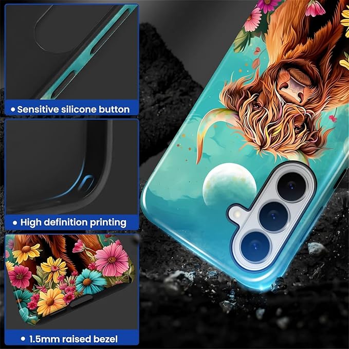 for Samsung Galaxy S26 Case, Highland Cow Flower Pattern Glossy 2 in 1 - Image 4