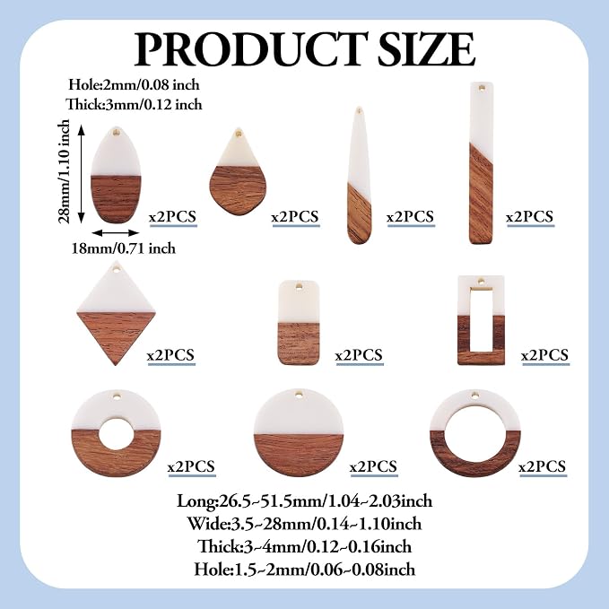 FASHEWELRY 20Pcs Resin & Wood Pendants 10 Styles Rectangle Teardrop Rhombus - Image 4