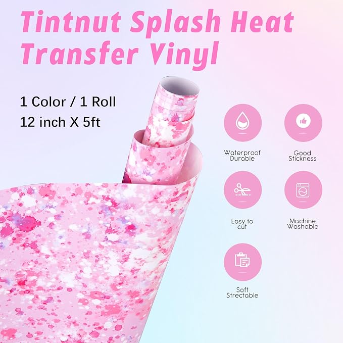 Tintnut Pink White Splash Heat Transfer Vinyl Roll, stretch washable, works - Image 2