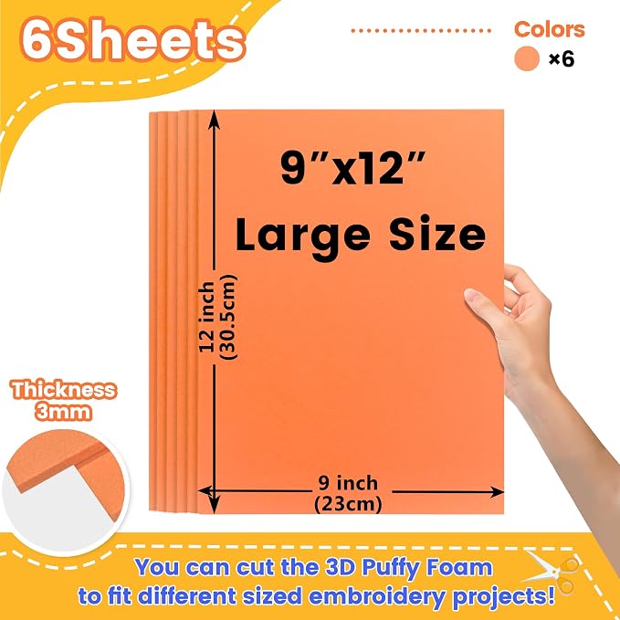 New brothread - 16 Options- 6PCS Embroidery Puffy Foam 9″x12″ Large Size 3MM - Image 2