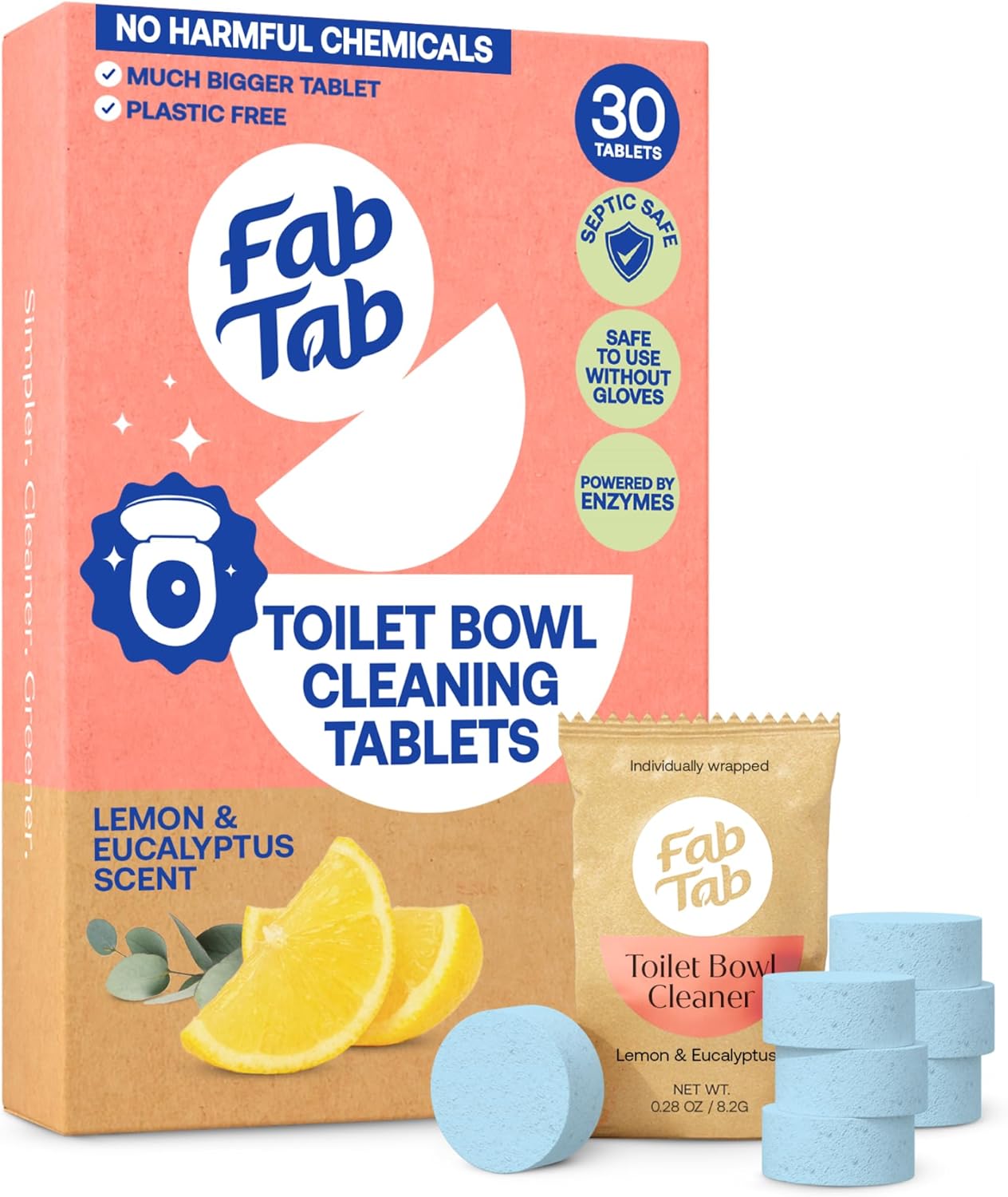 Fab Tab Toilet Bowl Cleaner Tablets, Powerful Stain Removal, No Harsh Chemicals, Plastic-Free, Removes Rust & Stains, Safe for Regular and Septic Tank Toilets, Lemon & Eucalyptus Scent