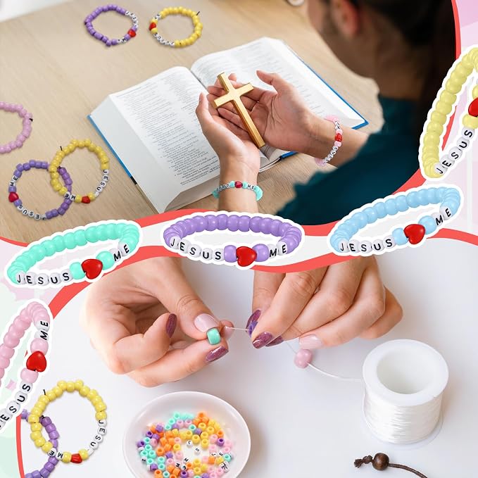 Ferreve 35 Sets Pastel Religious Bead Wristband Craft Kit Jesus Love Me Faith - Image 4
