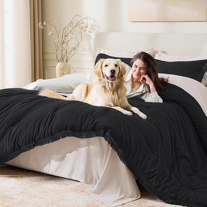 Andency Black Comforter Set King Size, 3 Pieces Boho Tassel Lightweight Bedding - Image 3