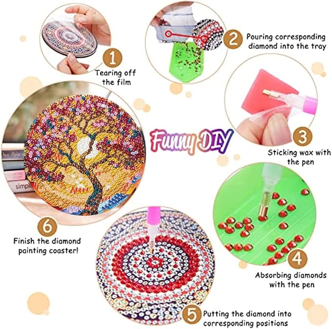 8 Pack Diamond Art Coasters, Tree of Life Diamond Painting Coasters Kits | Tree - Image 3