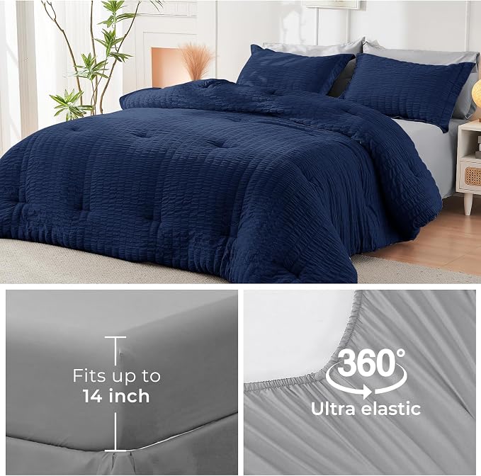 HYMOKEGE Navy Blue/Light Grey Twin XL Comforter Set Seersucker 5 Pieces - Image 6
