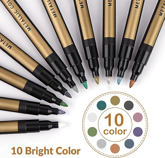10 Color Metallic Markers, Glitter Metallic Acrylic Paint Pens, Permanent - Image 2
