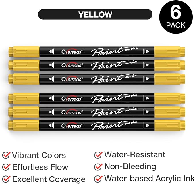 Overseas 6 Yellow Acrylic Paint Markers, Dual Tip Paint Pens Acrylic Marker | - Image 2