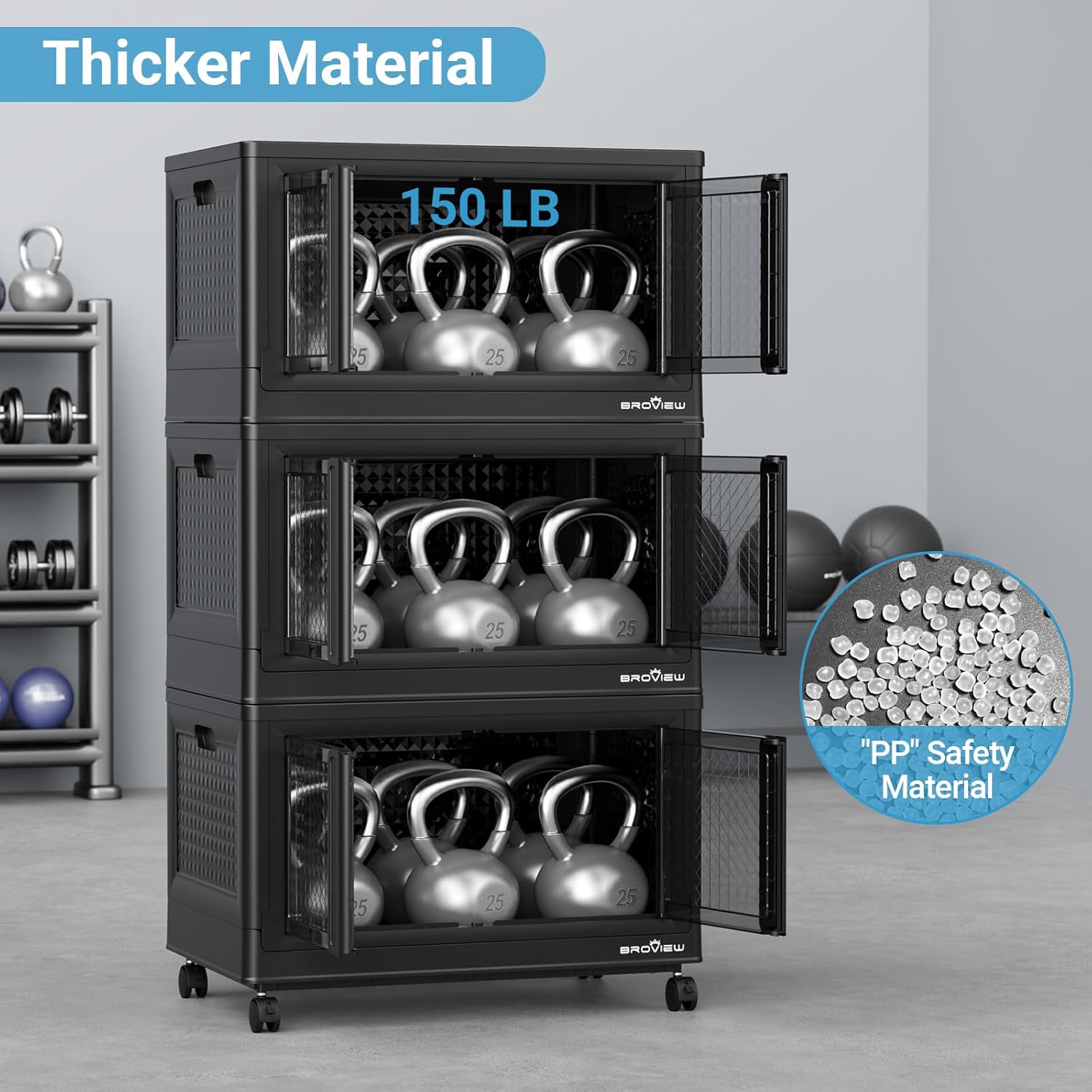 BROVIEW 600 Qt Stackable Storage Bins with Lids & Doors, 6 Pack Plastic Closet Organizer and Storage Drawers with Wheels, Large Collapsible Storage Boxes, Cabinet for Home, Office, V10, Black