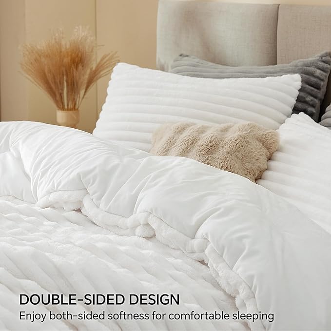 BEDELITE Fleece Queen Comforter Set -Super Soft & Warm Fluffy Bright White - Image 4