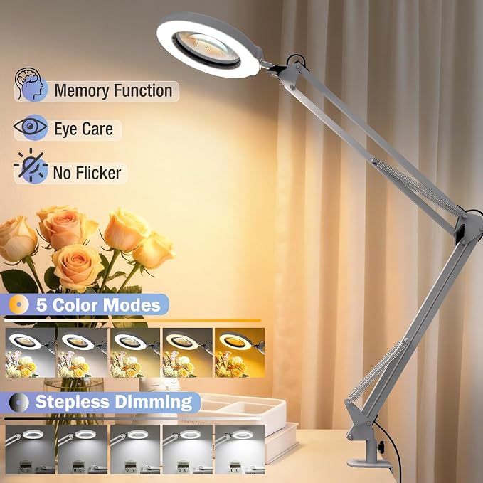 10X Magnifying Glass with Light and Clamp, Real Glass Stand Lighted Magnifier - Image 5