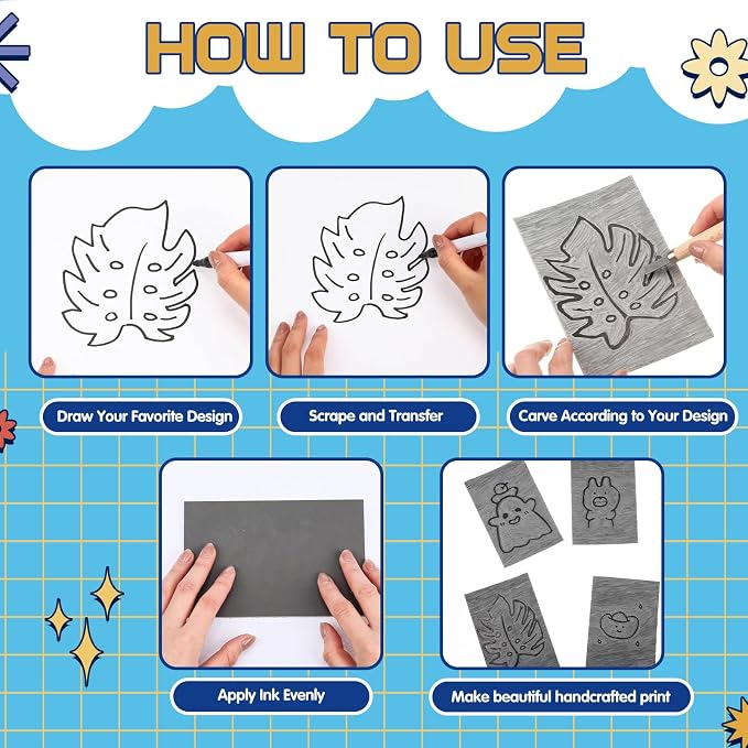 MotiMind 36 Pcs Gray Linoleum Block Rubber Stamp Carving Blocks Soft Linocut - Image 4