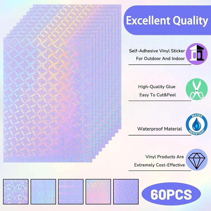 Clabby 36 Sheets Holographic Sticker Paper A4 Vinyl Holographic Laminate Sheets - Image 5