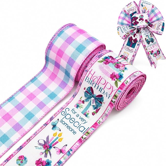 Birthday Wired Edge Ribbon, 2 Rolls 2.5 Inch x 10 Yards Each, Birthday Party by YIPRONS