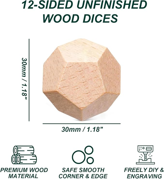 Unfinished Wood Crafts Dice, 6 Pack DIY Wooden Dices 12 Sided Blank Wood Dices - Image 2