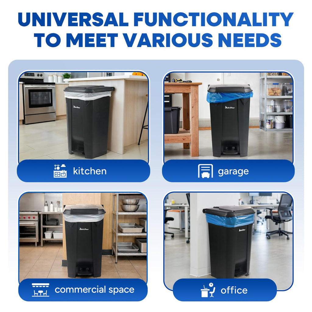 27 Gallon Step-On Trash Can/Container, Black Plastic Dustbin with Lid and Foot Pedal, Hands-Free Disposal