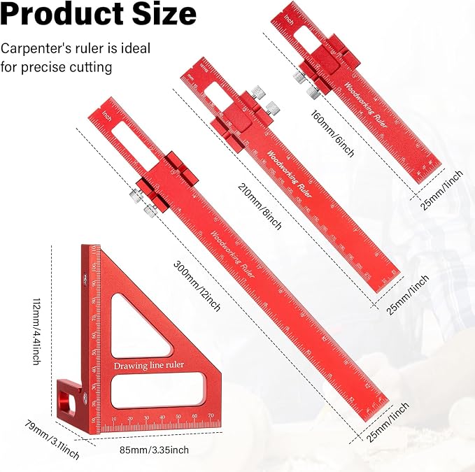 4 Pcs Woodworking Ruler, Metal Precision Pocket Rulers 12, 6 Inch - Image 2