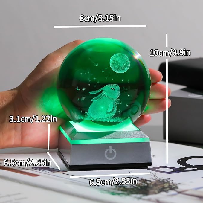 3.15in. Crystal Ball Engraved 3D Rabbit and Moon Stars Figurine Paperweght - Image 6
