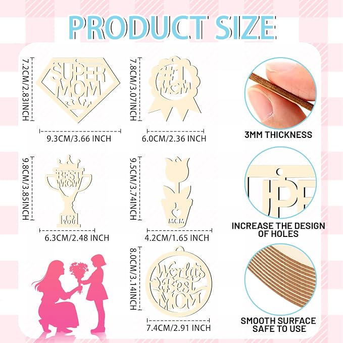 Mom Gift 40Pcs 5 Style Unfinished Wooden Mother's Day Ornaments DIY Craft - Image 2