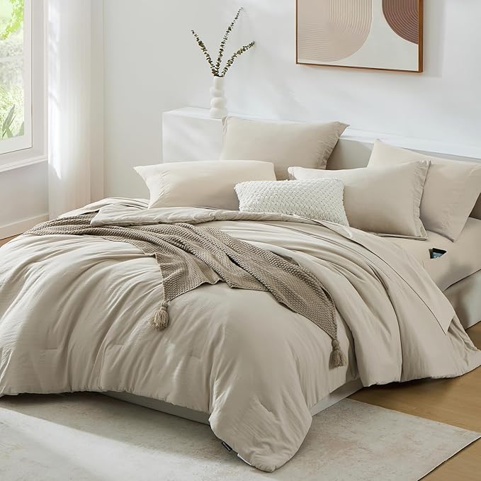 WRENSONGE Oversize King Size Comforter Sets- 7 Pieces Soft Light Oatmeal Bed in - Image 2