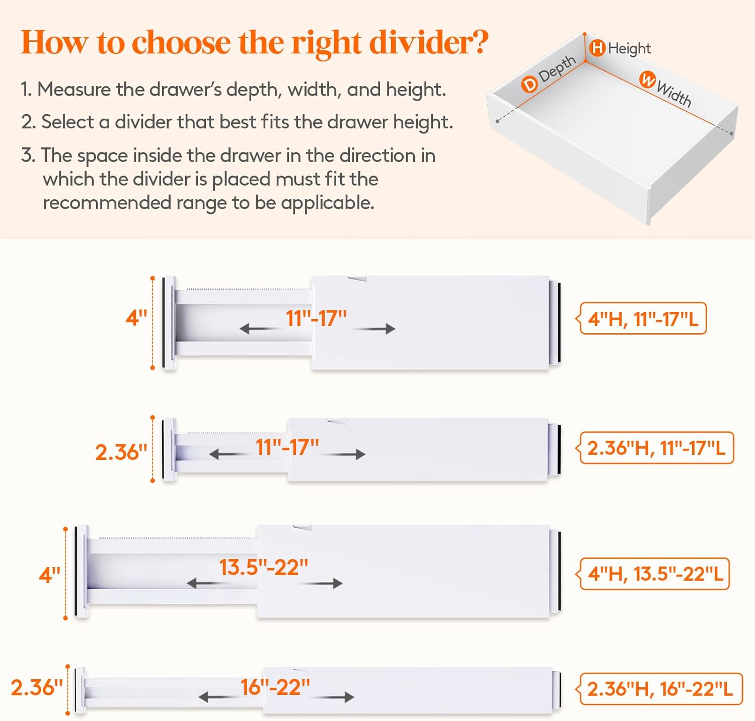 Lifewit 4 Pack Drawer Divider 4" High,11-17" Drawer Dividers for Clothes, Adjustable Clothing Drawer Organizers, Expandable White Dresser Drawer Separators for Bedroom, Bathroom, Vanity, Office
