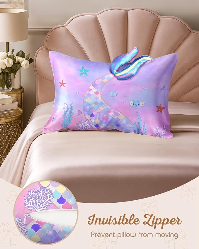 Kids Pillowcases Standard Size 20"x26" - Cute Cartoon Soft Breathable Silk Pillow Cases for Hair and Skin with Hidden Zipper for Girls Fun Kawaii Design for Bedding, Fish Tail
