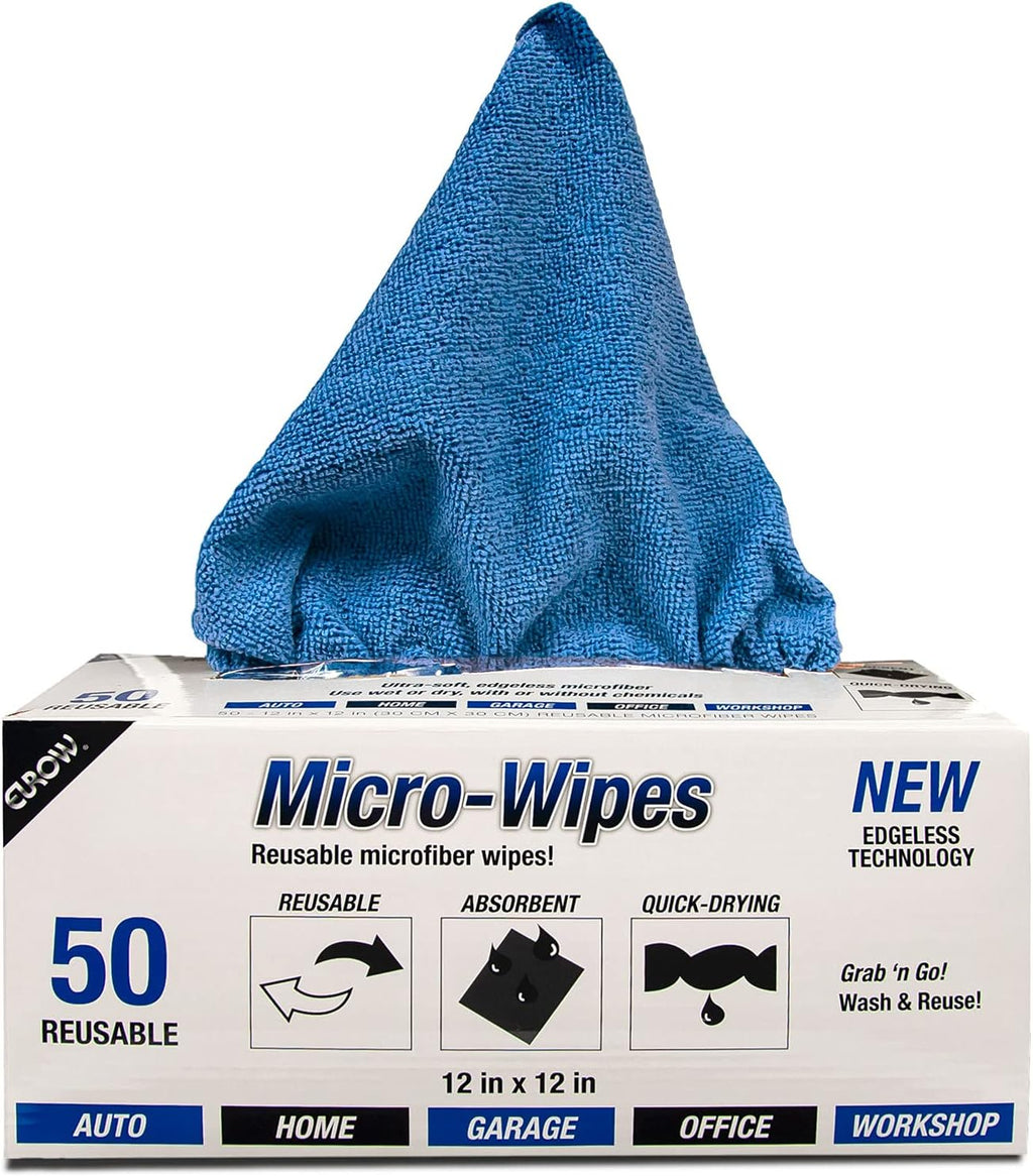 Eurow 200GSM Microfiber Cleaning and Drying Cloths with Dispenser Box, Reusable, Streak-Free, Scratch-Free, Ultra Absorbent, Edgeless for All Surface Types, 12x12in, 50-Pack, Blue