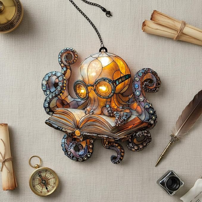 Nerdy Reading Octopus Acrylic Suncatcher - Image 3
